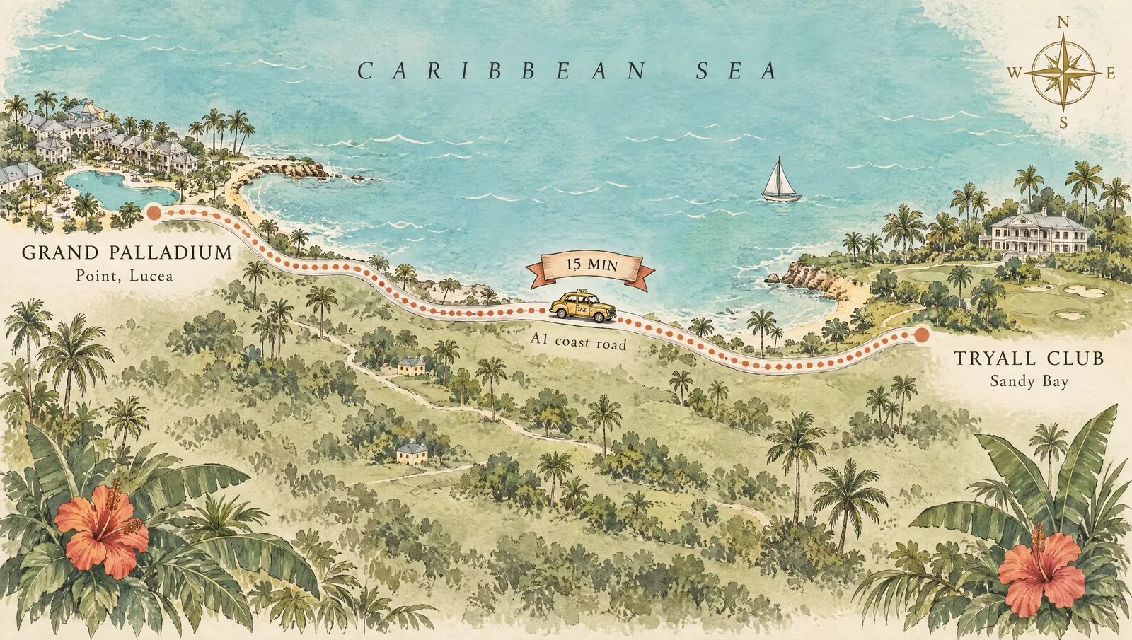 Illustrated map of the Hanover coast: a dotted taxi route follows the A1 coast road fifteen minutes from the Grand Palladium at Point, Lucea east to the Tryall Club at Sandy Bay